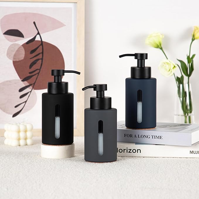 Enra Bathroom Soap Dispenser,12oz Glass Black Soap Dispenser Stainless Steel Liquid Pump,Refillable Hand Lotion Soap Dispenser for Bathroom Kitchen(Black)