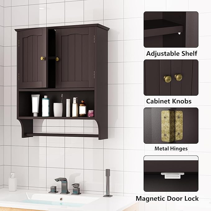 Bathroom Cabinet, Bathroom Wall Cabinet with 2 Doors and Adjustable Shelf, Wooden Medicine Cabinets Wall Mount, Over The Toilet Storage