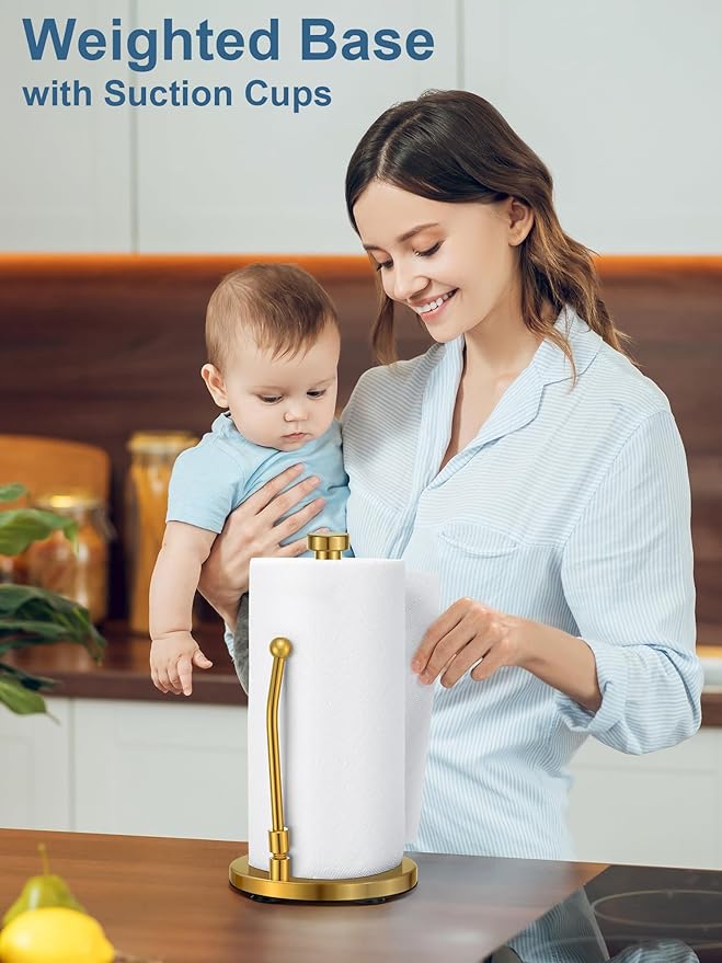 SMARTAKE Paper Towel Holder, Paper Towel Dispenser Standing Weighted Base Non Slip, Spring Arm Fit Most Size Paper Roll, Stainless Steel Kitchen Roll Stand for Home Kitchen Countertop Tabletop, Gold