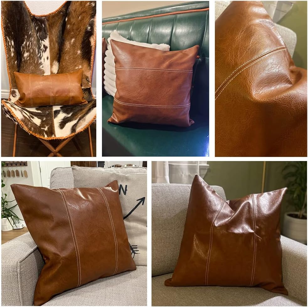 Fancy Homi Brown Boho Faux Leather Decorative Throw Pillow Covers 16x16 Inch for Living Room Couch Bed, Hand Stitched Accent Square Cushion Case 40x40 cm, Luxury Modern Farmhouse Home Decor
