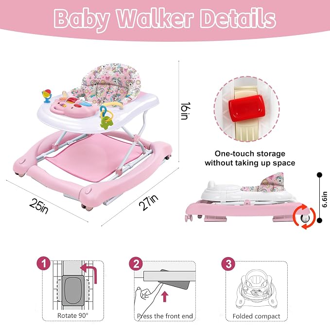 5 in 1 Foldable Baby Walker, Activity Baby Walker-Baby Bouncer, Rocker, Activity Center,Seat and Push Walker,Detachable Trampoline Mat, Adjustable Speed Rear Wheels and Height,Ages 6-18 Months(Pink)