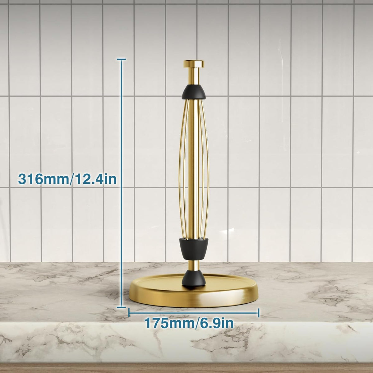 Paper Towel Holder Countertop, Gold Kitchen Accessories Decor, Stainless Steel, Weighted Base, Gold, Paper Towel Roll Holder Stand with Ratchet Mechanism for Kitchen Bathroom Farmhouse Essentials
