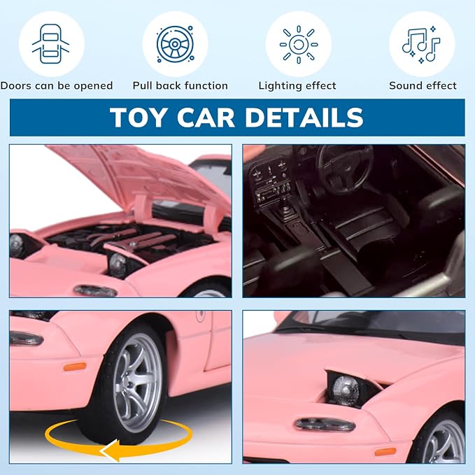 Car Toys for Boys 1 32 Diecast Cars Metal Toy Car,Collectibles Model Car Kits for Adults and Kids,Pull Back Cars with Lights and Sounds,Toy Cars for Boys Age 4-7(Pink)