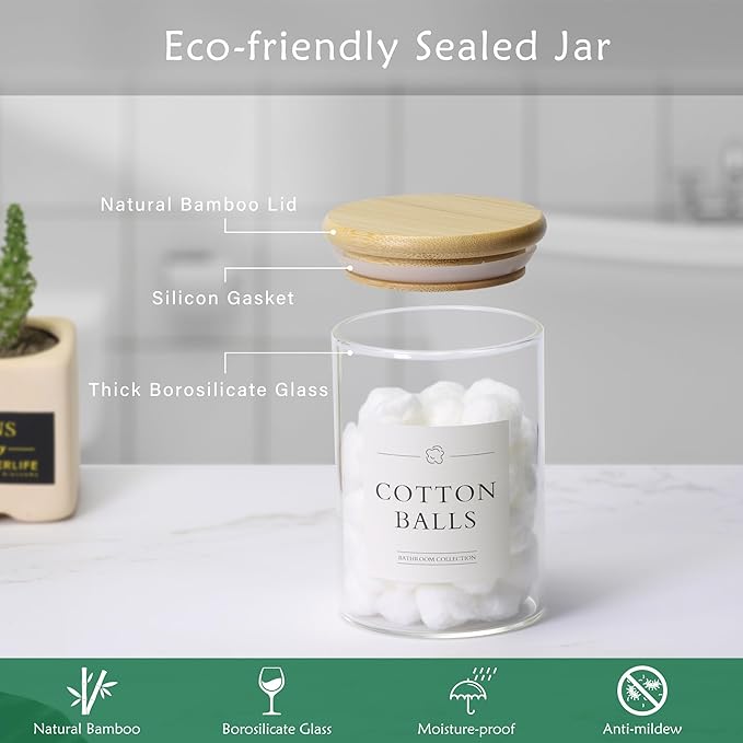 6 Pack Qtip Holder Dispenser - Glass Apothecary Jars with Lids, Cotton Ball Pad Swab Round Holder, Bamboo Bathroom Accessories, Bathroom Organizers Containers Jars Canisters with Lids