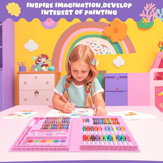 homicozy Art Supplies, Mermaid Drawing & Coloring Set with Crayons, Colored Pencils, Markers, Sketchbook, Watercolor Cakes, Stencils, Arts and Crafts Painting Kit for Kids Ages 4-10, Girls Boys Gift