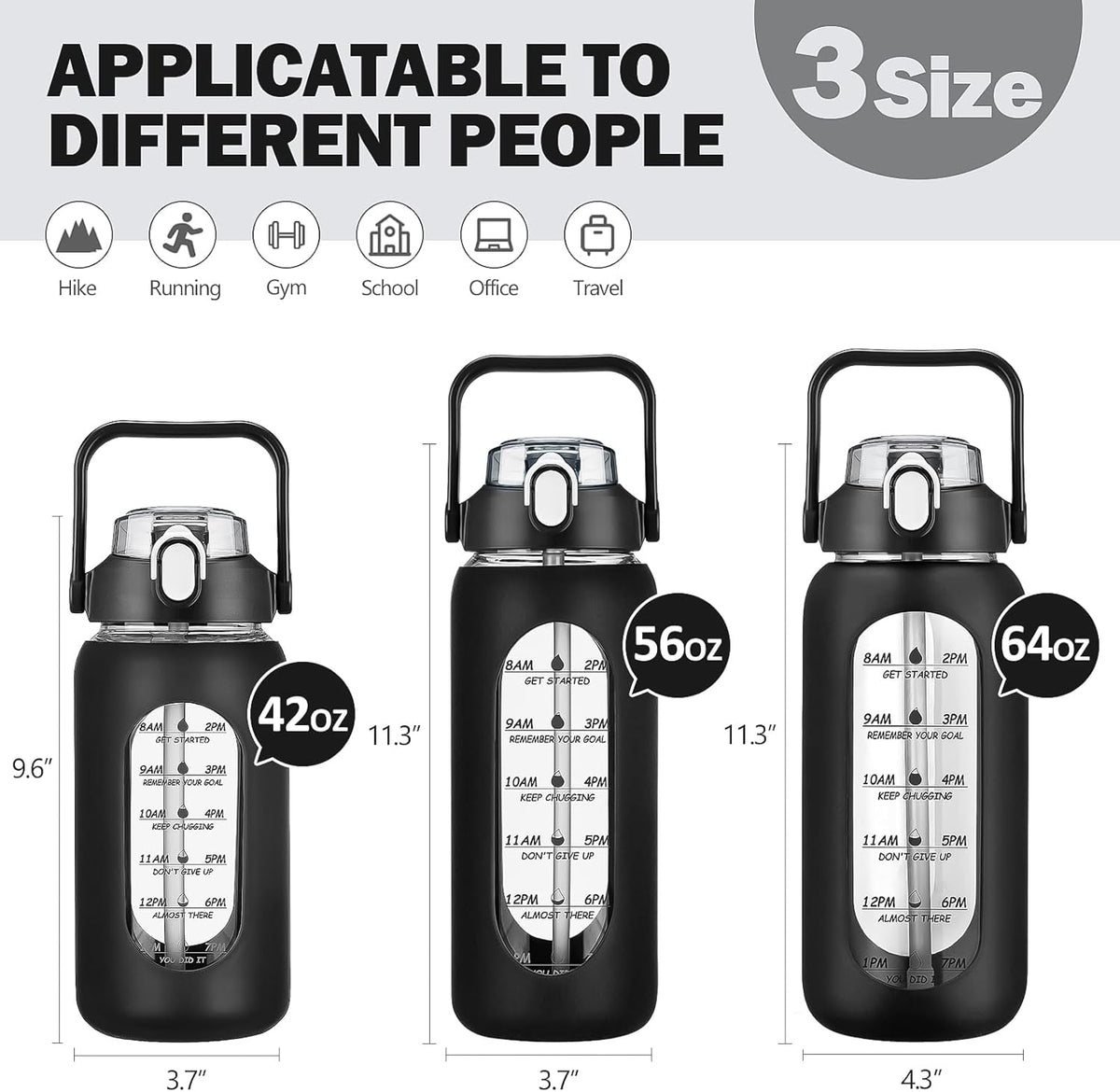 kytffu 42oz Glass Water Bottles with Straw, Motivational Glass Bottle with Silicone Sleeve and Time Marker, Leakproof Large Glass Water Jug for Gym Home Office,Black