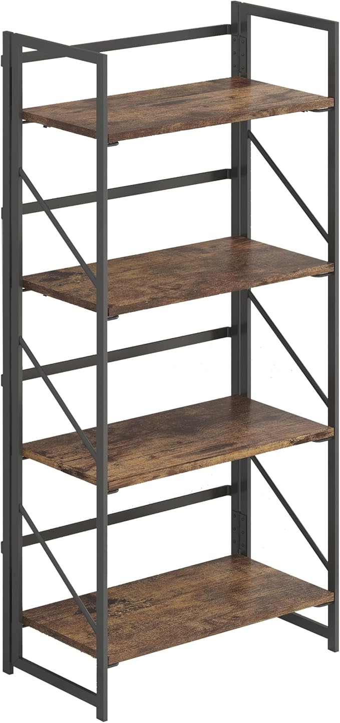JSB No Assembly Folding Bookshelf, 4 Tier Industrial Metal Book Shelf for Storage, Vintage Wood Foldable Bookcase for Living Room, Bedroom, Office Organization Shelves