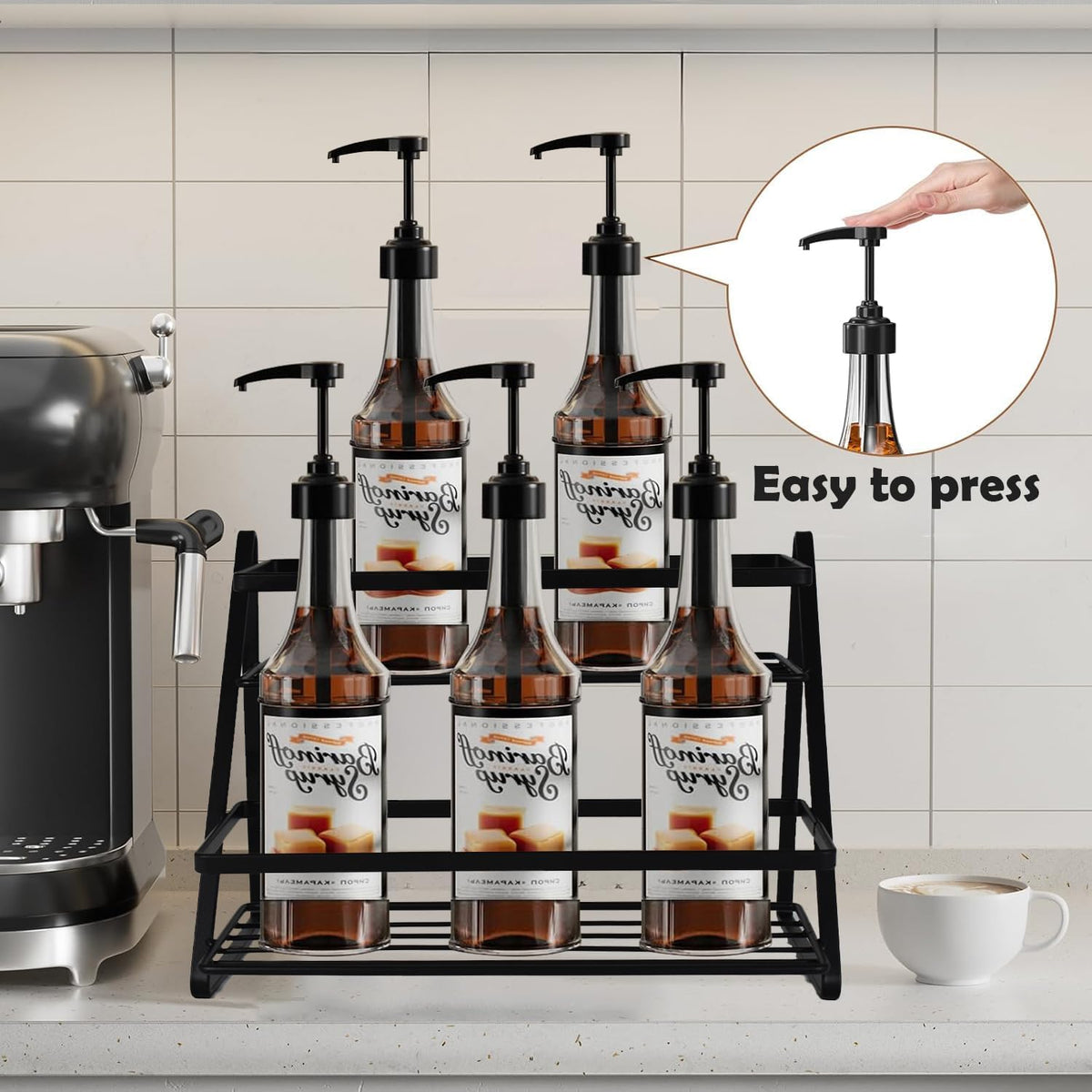 2-Tier Coffee Syrup Rack Organizer 6 Bottle Capacity,Sturdy Metal Storage Shelf for Coffee Bar,Multi-Use Kitchen Wine Rack for Syrups, Dressings, Condiments