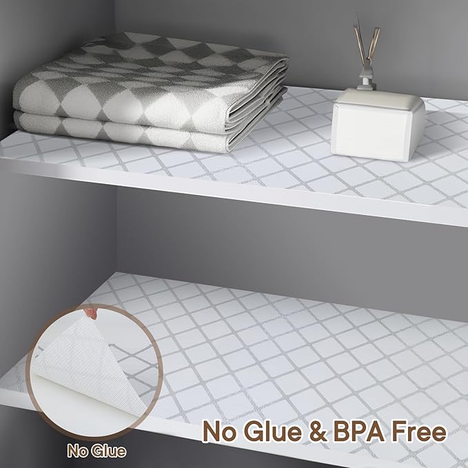 Shelf and Drawer Liner for Kitchen Cabinets Non-Adhesive, Strong Grip Non-Slip Thickened Cabinet Liners for Shelves, Waterproof Mats for Dresser Cupboard, Silver Stripe, 24 in x 30 Feet