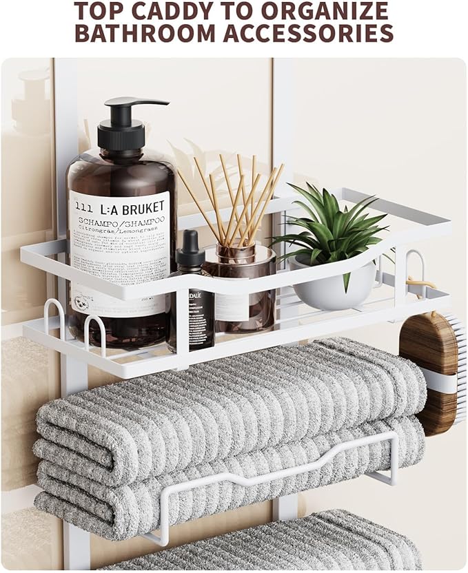 Hanging Towel Racks for Bathroom No Drill - Over The Door 6-Tier Bath Towel Storage Organizer for Small Bathrooms - Back Door Large Tiered Towel Holder Hanger for Rolled Towels RV Camper White