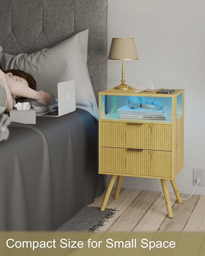 Nightstand with Charging Station and LED Lights,Modern Bedside Table with 2 Storage Drawer and Open Wood Shelf, for Bedroom and Small Spaces,Night Stand with Solid Wood Legs (Yellow Oak)