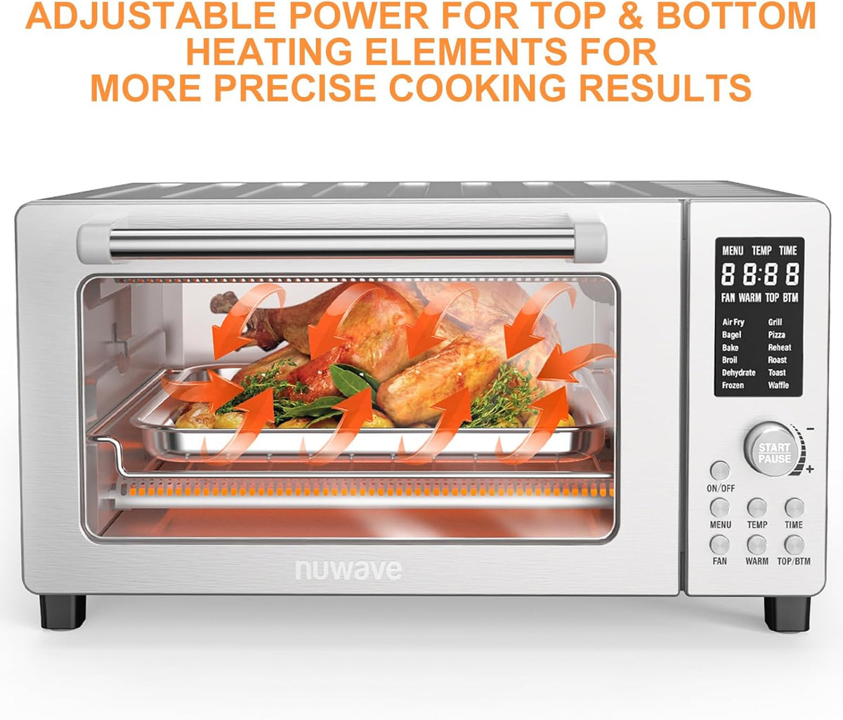 Nuwave Bravo Air Fryer Toaster Smart Oven, 10-in-1 Countertop Convection, 1800 Watts, 21-Qt Capacity, 50°-450°F Temp Controls, Top and Bottom Heater Adjustments 0%-100%, PFAS Free, Stainless Steel