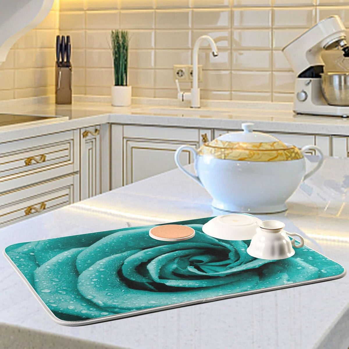 Super Absorbent Dish Drying Mat, Microfiber Fast-Drying Dish Mat, 16" x 18", Kitchen Dish Drying Pad Hipster Turquoise Rose Petals