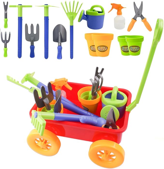 Dimple Garden Wagon & Tools Toy Set Premium 15 Pcs Kids Gardening Tools & Wagon Toy Set - Sturdy & Durable - Top Yd, Beach, Sand, Garden Play Set - Great for Kids & Toddlers