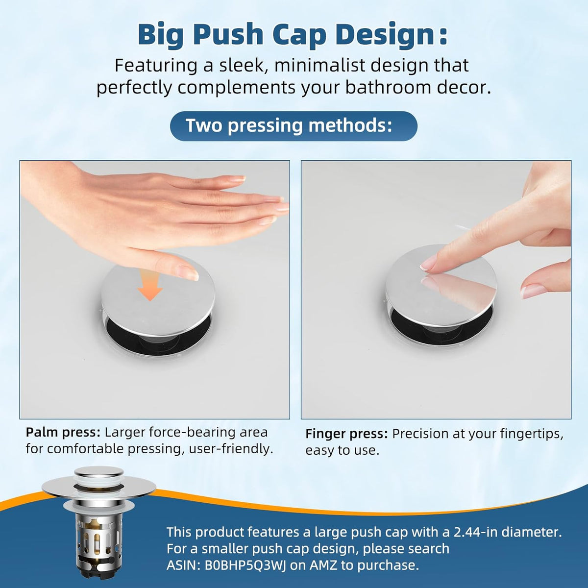Hibbent Upgraded 3 in 1 Bathroom Sink Drain Strainer, Universal Pop Up Sink Stopper with Big Push Cap, Anti-Clogging Metal Filter Basket,Sink Plug with Hair Catcher for 1.1''~2.36'' Basin, Chrome
