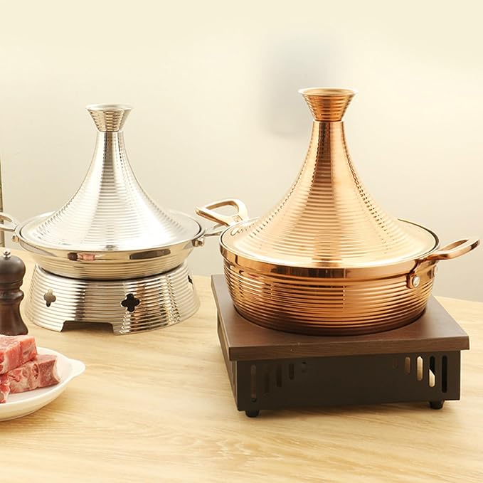Moroccan Tagine Cooking Pot,Stainless Steel Non Stick Moroccan Casserole with 2 Handles,Large Moroccan Cooker Handmade Tagine Pot with Cone-Shaped Lid(23cm, Silver)