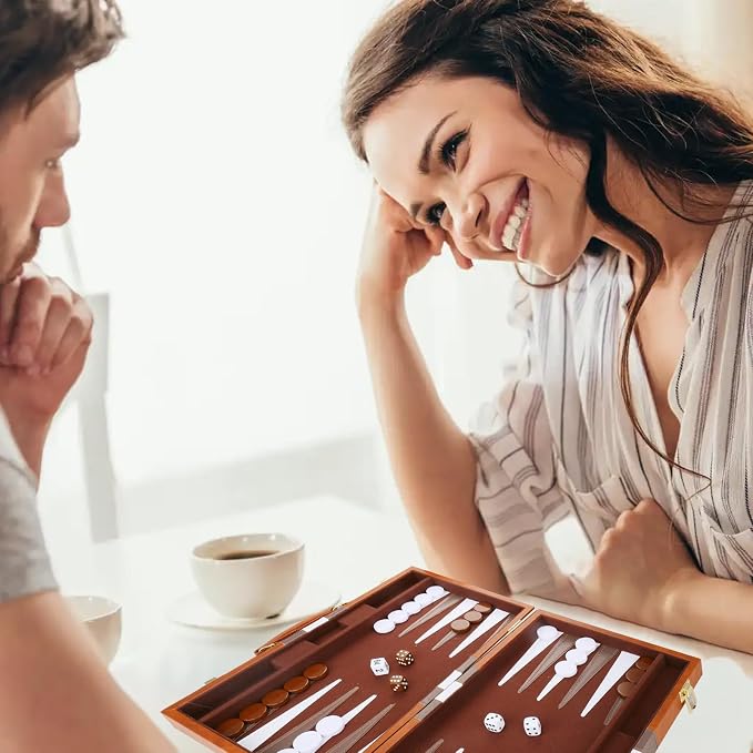 Backgammon Set - Classic Board Game with Premium Leather Case - Portable Travel Strategy Backgammon Game Set for Adults, Kids (18inch, Brown)