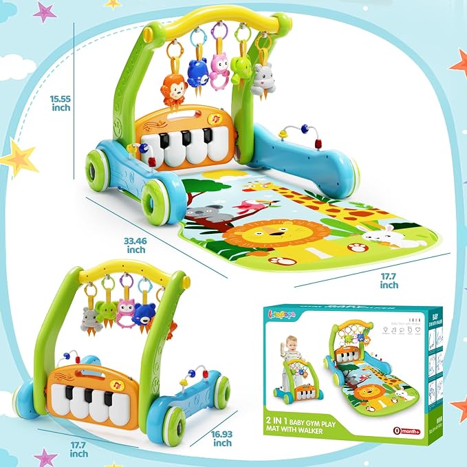 Baby Gym Play Mat with Walker, 2 IN 1 Kick and Play Piano Activity Center with Light & Music, Tummy Time Mat & Baby Push Toys for 0-6 12-18 Months, Sit-to-Stand Learning Walker for Infant Toddler Gift