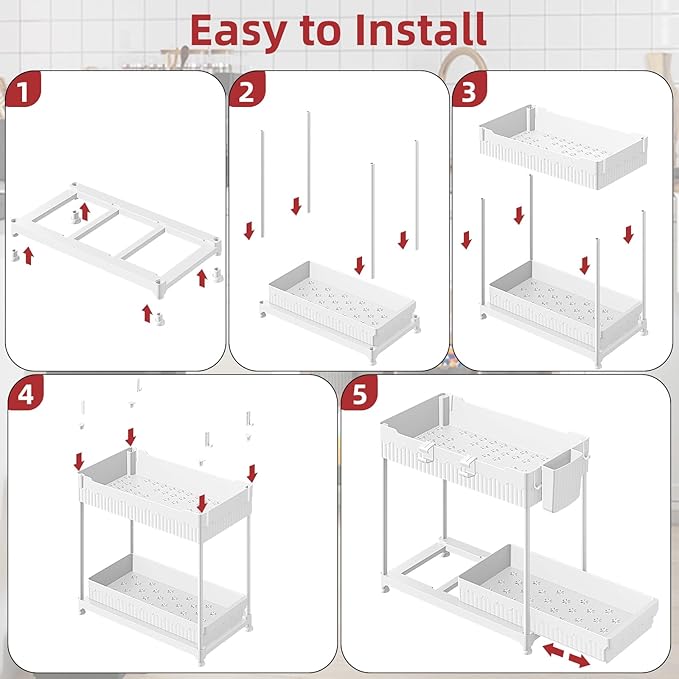 Under Sink Organizer, Bathroom Organizers and Storage, 2 Tier Multi-Use Pull Out Cabinet Organizer with Hang Hooks and Cups (White, 4 Pack)
