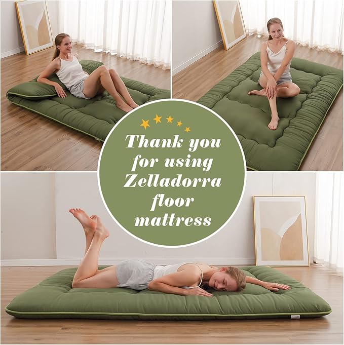Japanese Floor Mattress, Futon Mattress with Portable Storage Bag and Washable Cover, Roll Up Thick Tatami Mat Suitable for Camping, Guest Room, Green, Twin