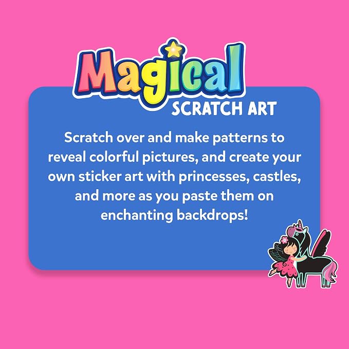 Skillmatics Scratch Art Book for Kids - Unicorns & Princesses, Craft Kits & Supplies, 30+ Scratch Stickers, Travel Toys, DIY Kit, Gifts for Girls & Boys Ages 3, 4, 5, 6, 7, 8
