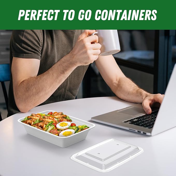 50 Pack (100-Piece) 32 oz Meal Prep Containers Reusable with Easy Open Lids, Sturdy Leakproof Food Safe, Microwave Freezer Dishwasher Safe, To Go Take Out Plastic Food Storage Pans with Lids, Silver