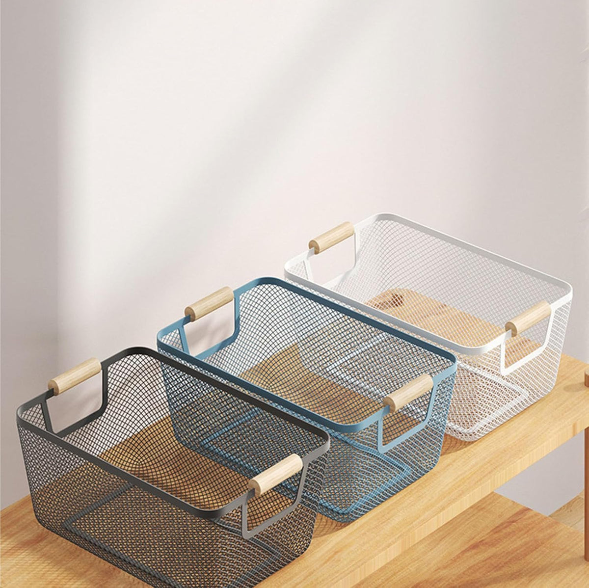 Metal Mesh Steel Basket, Medium Wire Storage Organizer Basket Multi-function Hanging Kitchen Basket with Wood Handle for Kitchen Bathroom Picnic Home, Rectangle-Blue