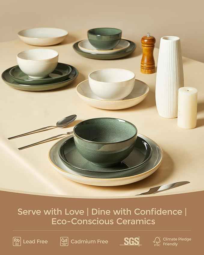 Stoneware Dinnerware Sets for 6, 18 Piece Microwave Safe Plate and Bowl Set, Easy to Clean & Durable Dishes Sets for Small to Medium Families, Yellow White