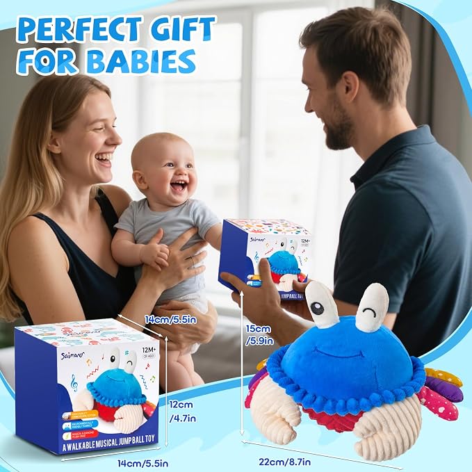 Baby Toys 6-12 Months, Musical Crawling Crab Plush Toy - 40 Songs & Recording Feature, Dancing Walking Moving Bouncing Tummy Time Toy, Sensory Toys for Toddlers 1-3, Birthday Gifts for Infants