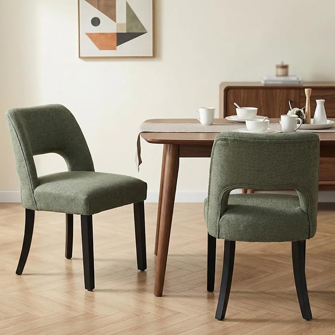 keoni Wooden Dining Chairs Set of 4, Mid Century Modern Upholstered Dining Room Chairs with Black Wood Legs, Fabric Farmhouse Kitchen Chairs with Foot Pegs for Dining Room, Green