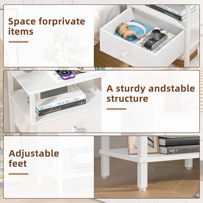 Lerliuo Nightstand Set of 2 with Charging Station and USB Ports, 3-Tier Storage End Table with Drawer Shelf, Night Stand for Small Spaces, Wood Bedside Table for Living Room, Bedroom - Elegant White