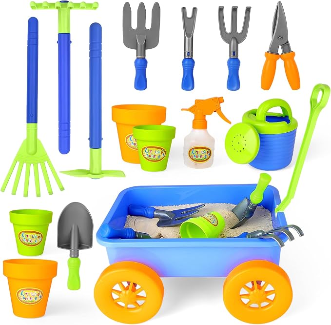 deAO Kids Garden Wagon Wheelbarrow and Gardening Tools Play Set Includes 10 Accessories and 4 Plant Pots,Great Outdoor Toddler Toys Kids Gardening Set
