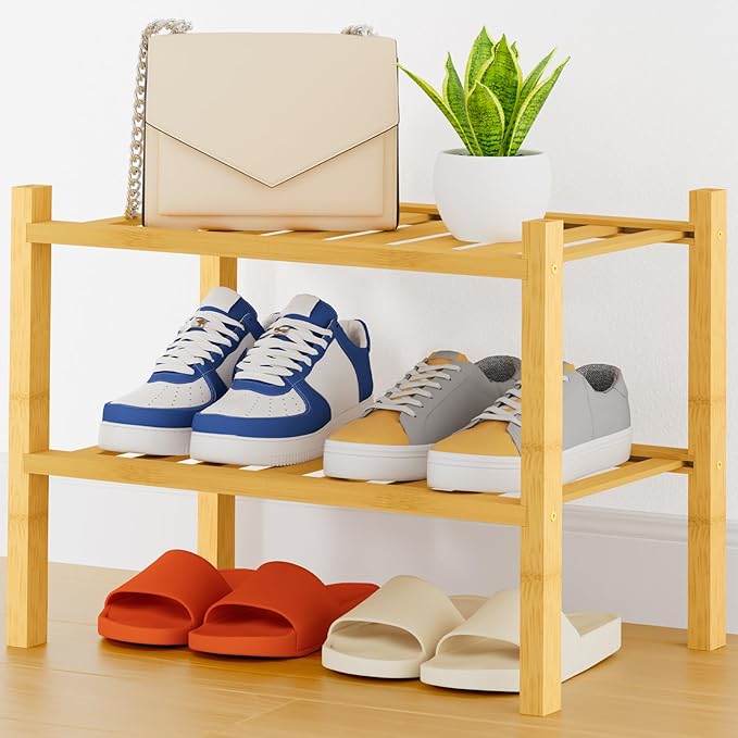 Smiry Shoe Rack, 2 Tier Thick Small Bamboo Shoe Organizer, Stackable Free Standing Wooden Shoe Storage Shelf for Closet, Entryway, Front Door Entrance, Natural