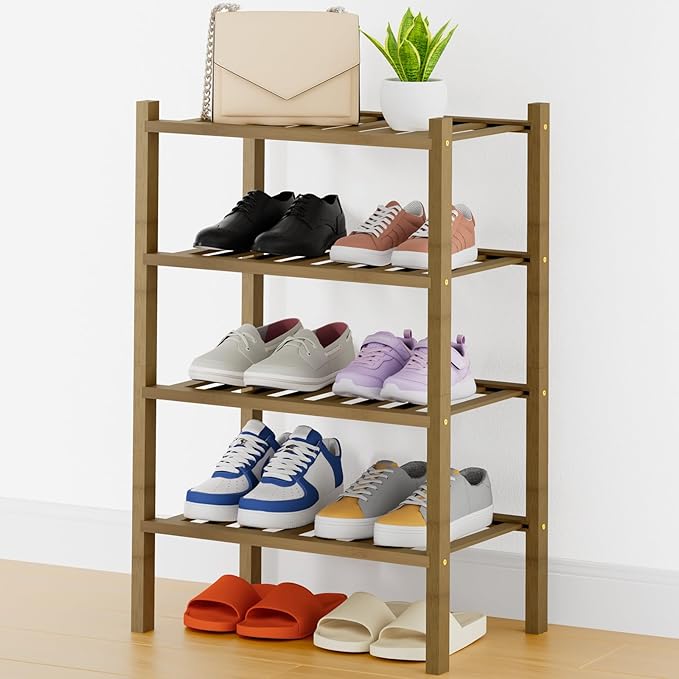 Smiry Shoe Rack, 4 Tier Thick Small Bamboo Shoe Organizer, Stackable Free Standing Wooden Shoe Storage Shelf for Closet, Entryway, Front Door Entrance, Walnut