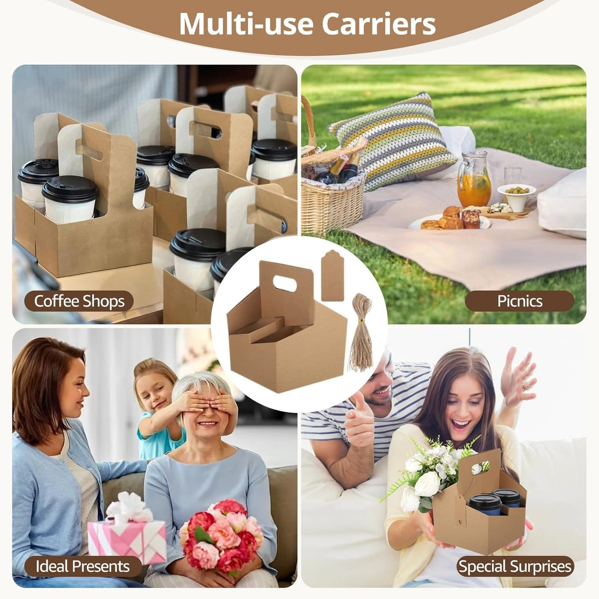 50 Sets Drink Carriers with Handles, 4-Cup Disposable Cup Holder Cardboard, Coffee Cup Holders with Cards & Ropes, Takeout Beverage Holders, Serve Cold & Hot Drinks