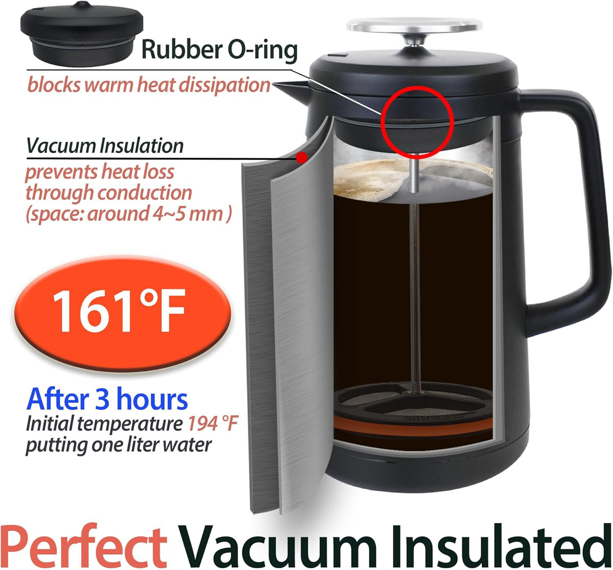 PortableAnd 34oz Double Vacuum Insulation Large Silicone French Press Coffee Maker with Silicone Ring, Stainless Steel, Perfect for Camping, Travel, and At-Home Use (Matte Black)