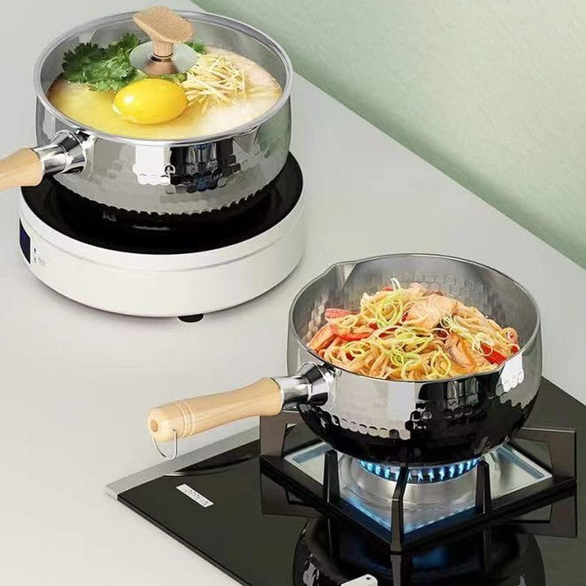 Thickened 304 Stainless Steel Pot, Solid Wood Anti Scald Handle With Hook, Multifunctional Sauce Pot with Inverted Mouth, Milk Pot, Cooking Pot (3.0 Quarts)