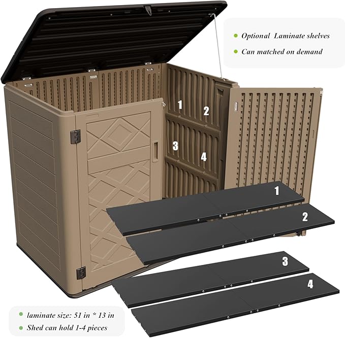 ZZM Large Outdoor Storage Shed, 48 Cu Ft Resin Versatile Storage Cabinet for Patio Accessories, Trash Cans & Garden Tools, Durable Horizontal Storage Box with Lockable Lid (Coffee)