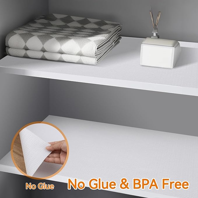 Shelf and Drawer Liner for Kitchen Cabinets Non-Adhesive, Strong Grip Non-Slip Thickened Cabinet Liners for Shelves, Waterproof Mats for Dresser Cupboard, White, 12 in x 10 Feet