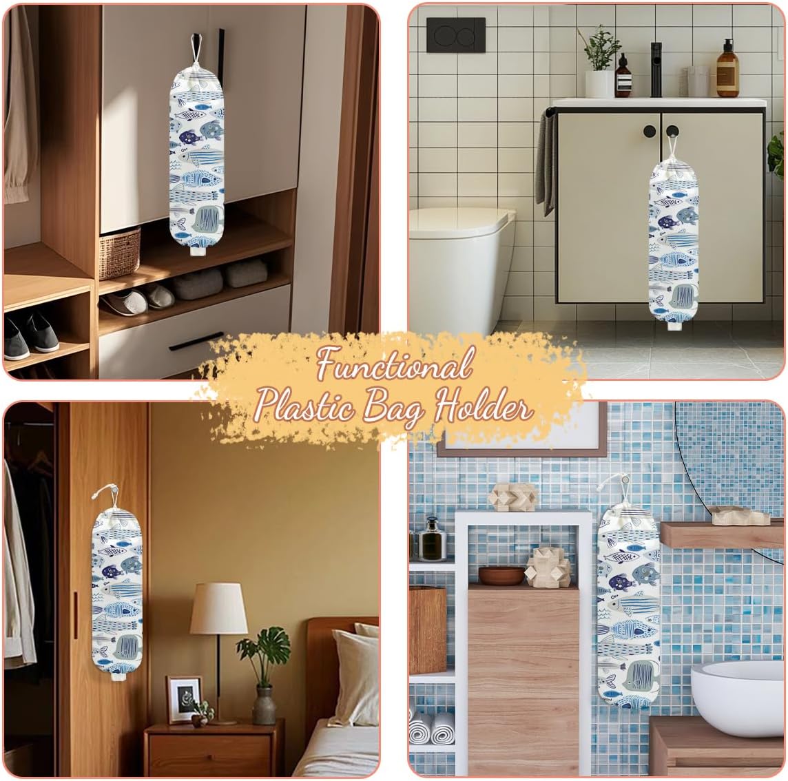Fish Plastic Bag Holder, Wall Mount Grocery Bag Holder, Plastic Storage bag, Pull Rope Free Adjustment, Plastic Bag Holders for Grocery Bags, Plastic Bag Dispenser for Home Kitchen