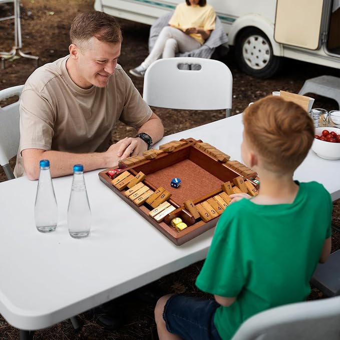 Shut the Box Wooden Board Game – 4 Player 1-10 Numbers Dark Wood Math Game with 8 Dice, Classic Strategy Game for Adults & Kids, Educational Family for Learning Addition, Classroom or Party Toy