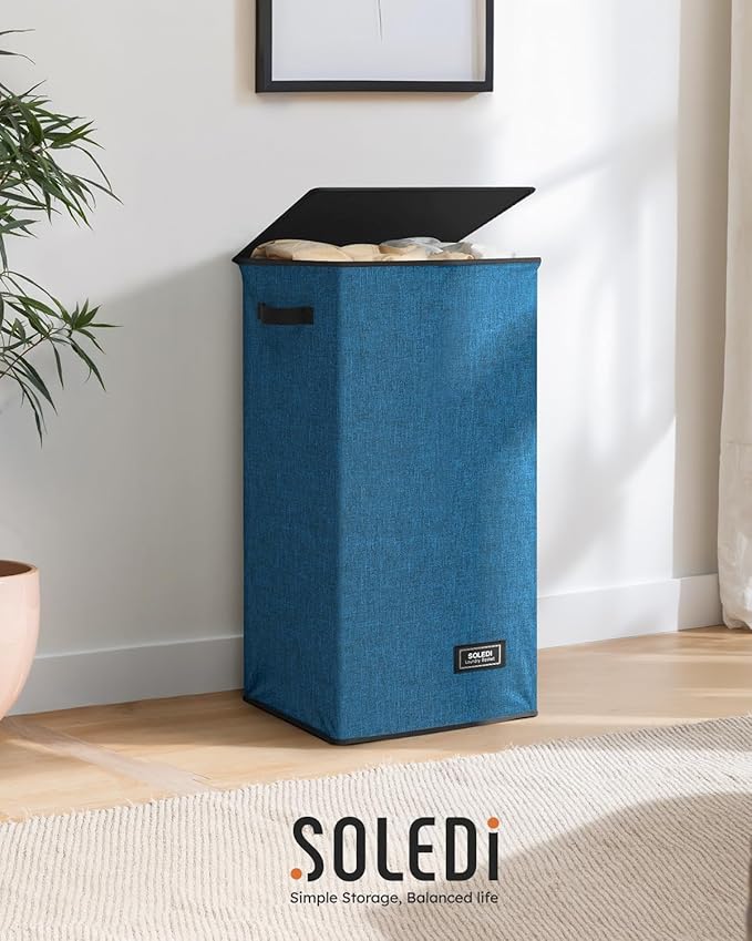 SOLEDI Slim Laundry Hamper with Lid, Narrow Laundry Basket with Removable Bags, Dirty Clothes Hamper with handle, Small Hamper perfect for Laundry room, Bathroom, Bedroom, Small spaces. 70L Blue