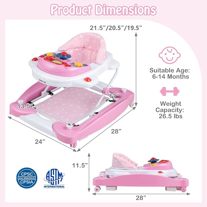 HONEY JOY Baby Walker, 6-in-1 Foldable Baby Walker and Bouncer Combo, Infant Activity Walker with Wheels, Adjustable Heights, Rocker, Music, Lights, Walker for Baby Boy Girl 7-14 Months