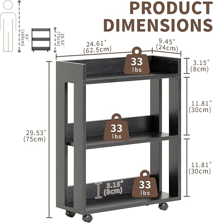 ALISENED Small Bookshelf and Bookcase, 3 Tier Wood Nightstand with Wheels, Modern Bedside End Table with Storage Rack for Bedroom, Library, Living Room, Home, Office Cart, Black
