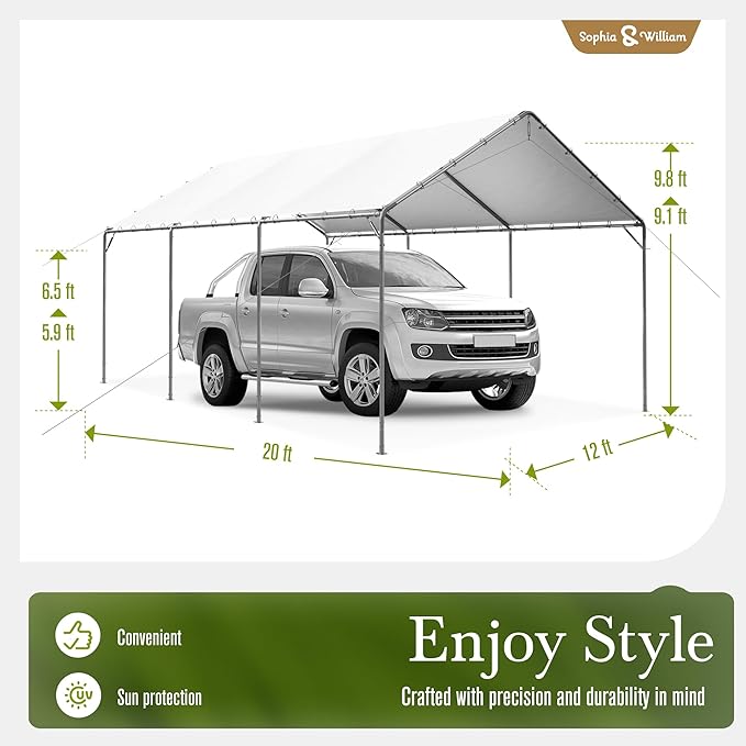 Carport Car Port Canopy 12x20 ft Heavy Duty, Portable Garage Shelter Logic Car Tents Carpas para Carros All Weather for Truck Boat, Galvanized Steel Frame Carports Height Adjustable White
