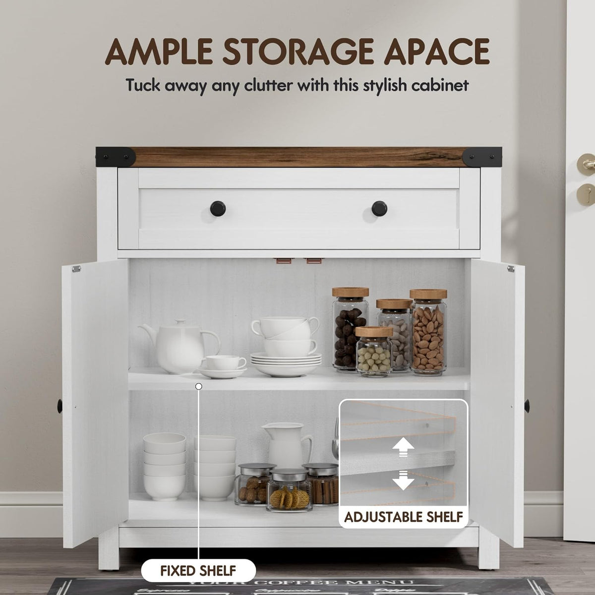 YESHOMY Farmhouse Coffee Bar Cabinet Sideboards, with Barn Doors, Spacious Drawer, Adjustable Interior Shelf, Generous Top Surface, for Kitchen, Bathroom, Entryway, Living Room, Pure White