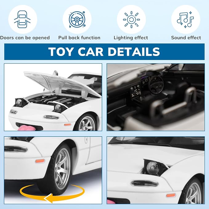 Car Toys for Boys 1 32 Diecast Cars Metal Toy Car,Collectibles Model Car Kits for Adults and Kids,Pull Back Cars with Lights and Sounds,Toy Cars for Boys Age 4-7(White)