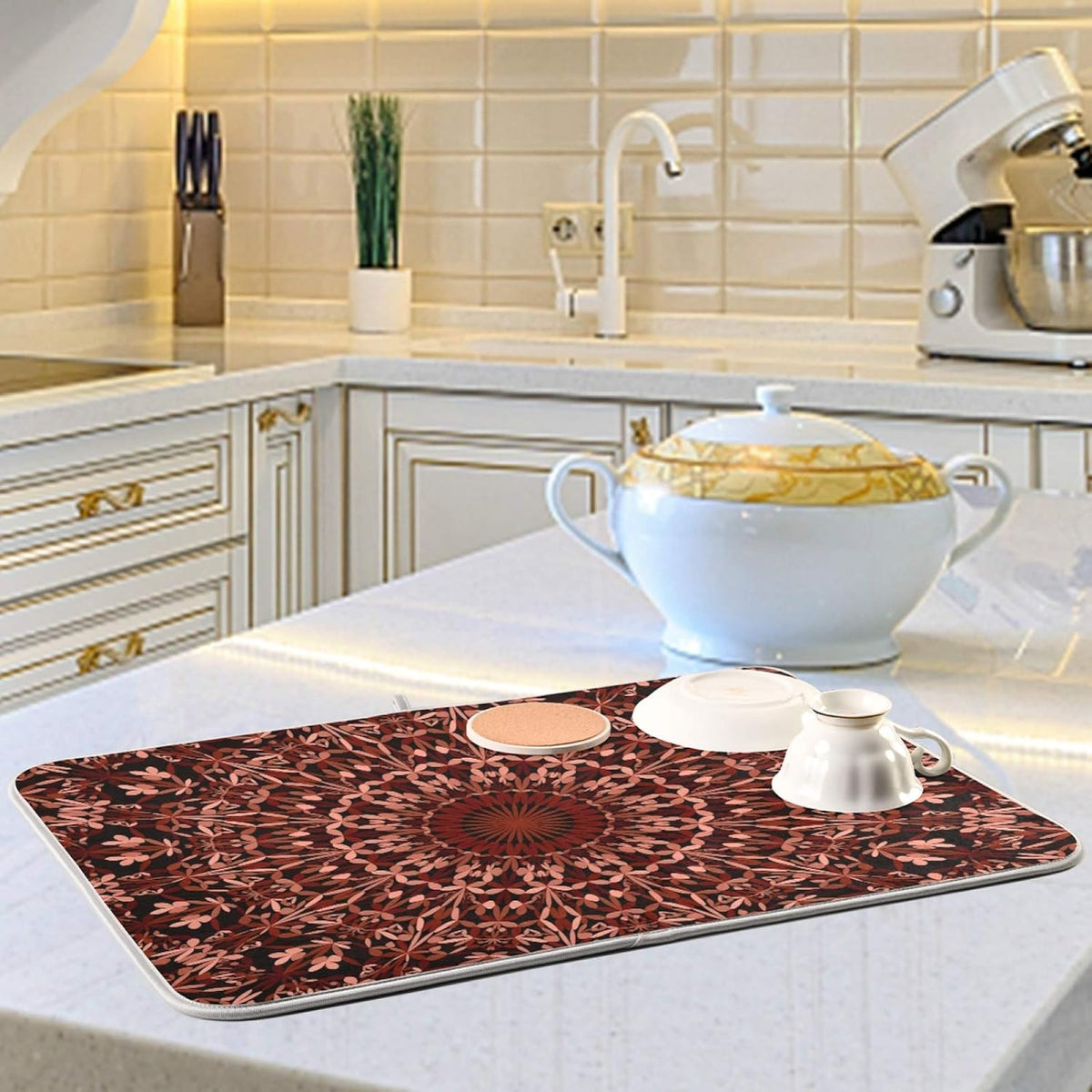 Super Absorbent Dish Drying Mat, Microfiber Fast-Drying Dish Mat, 16" x 18", Kitchen Dish Drying Pad, Mandala Maroon Boho