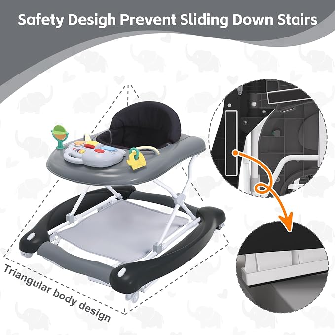 Foldable Baby 5-in-1 Activity Walker - Rocker, Activity Center, Bouncer, Seat Walker, Push Walker - Adjustable Speed Rear Wheels and Height Toys Ages 6-18 Months… (Black)