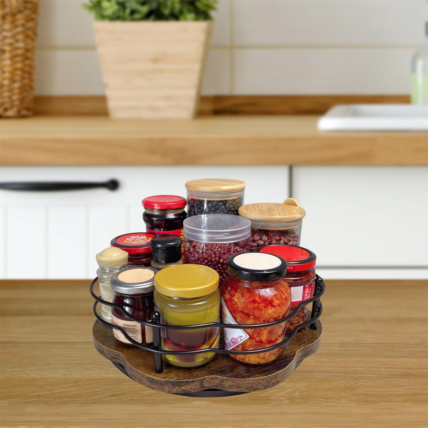 2 Pack, 11" & 12" Wooden Lazy Susan Turntable with Higher Metal Sides, 360ยฐ Rotating Lazy Susan Organization and Storage for Cabinet, Table Top, Kitchen, Countertop, Dining Table, Pantry, Coffee Bar